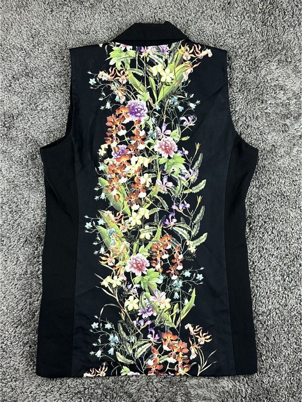 Mural Womens M Sleeveless Blazer Vest Black Botanical Floral Shawl Collar Open